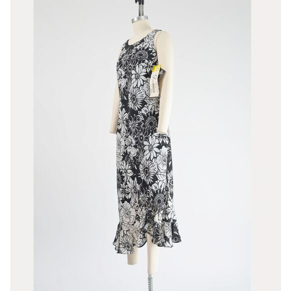 Vintage 90s Black and White Floral High Low Ruffle Maxi Party Dress Deadstock M - Picture 4 of 9